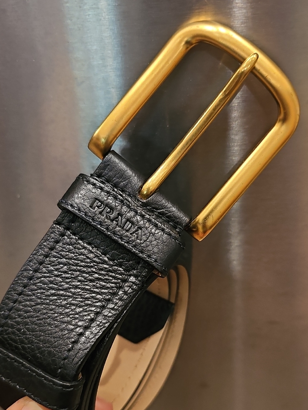 [Brand New] PRADA Belt Black Pebbled Leather with Gold-Tone Buckle 90/36